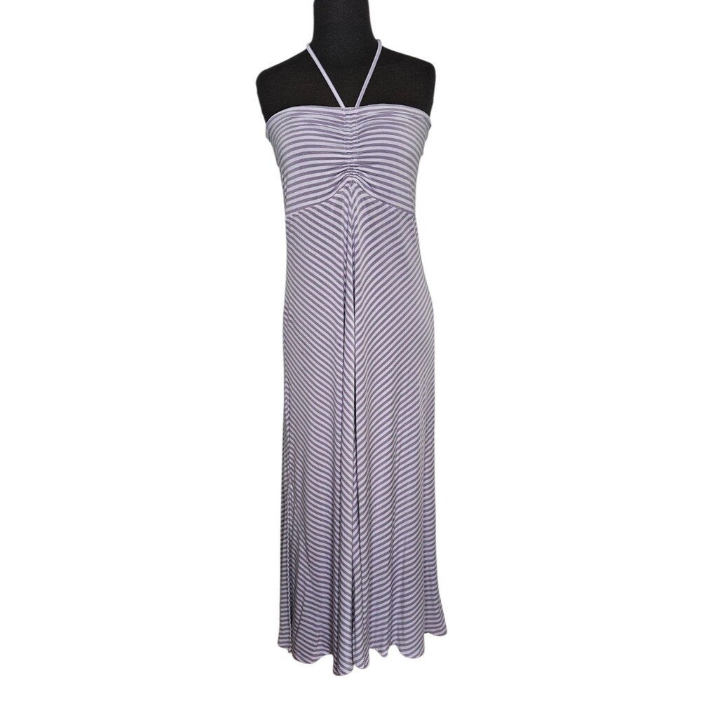 CARILOHA Striped Midi Dress Large Bamboo Modal Purple Halter Neck Beach Vacation